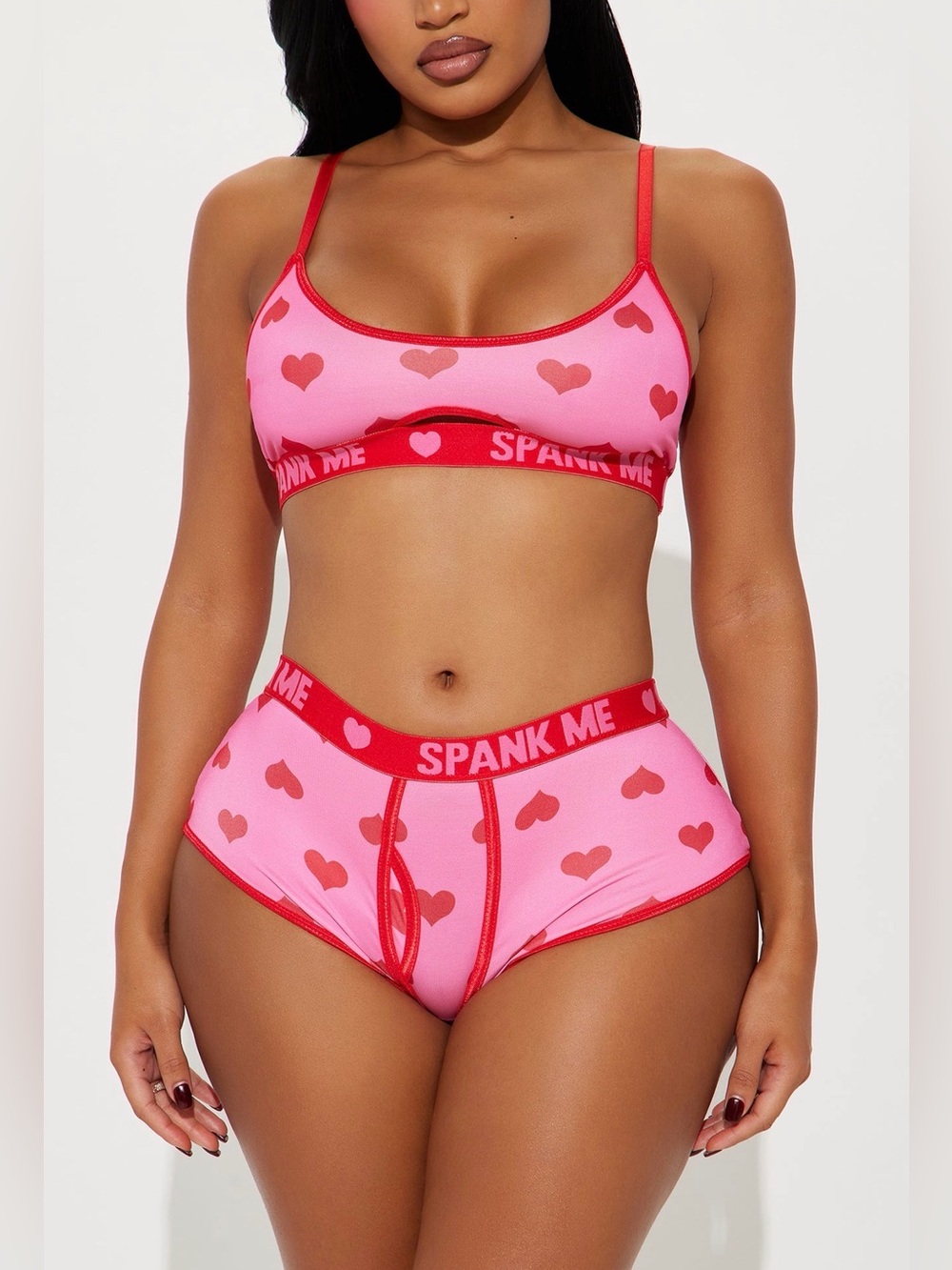 Pink Heart-Print Bralette & High-Waist Brief Set - "SPANK ME" - Picture 2 of 6